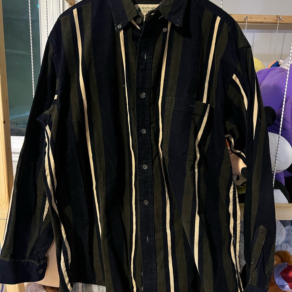 Vintage Northwest Black, Green and Tan Striped Corduroy Shirt